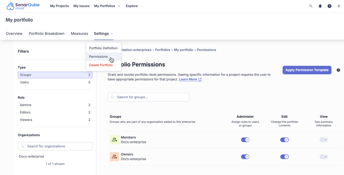 Each member can be granted Administrator, Edit, or View permissions on the Portfolio Permissions page.