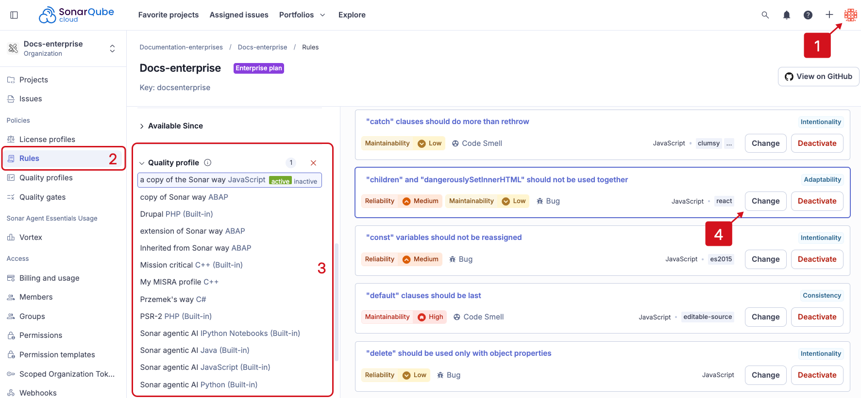Changing a rule’s severity levels from the Rules page
