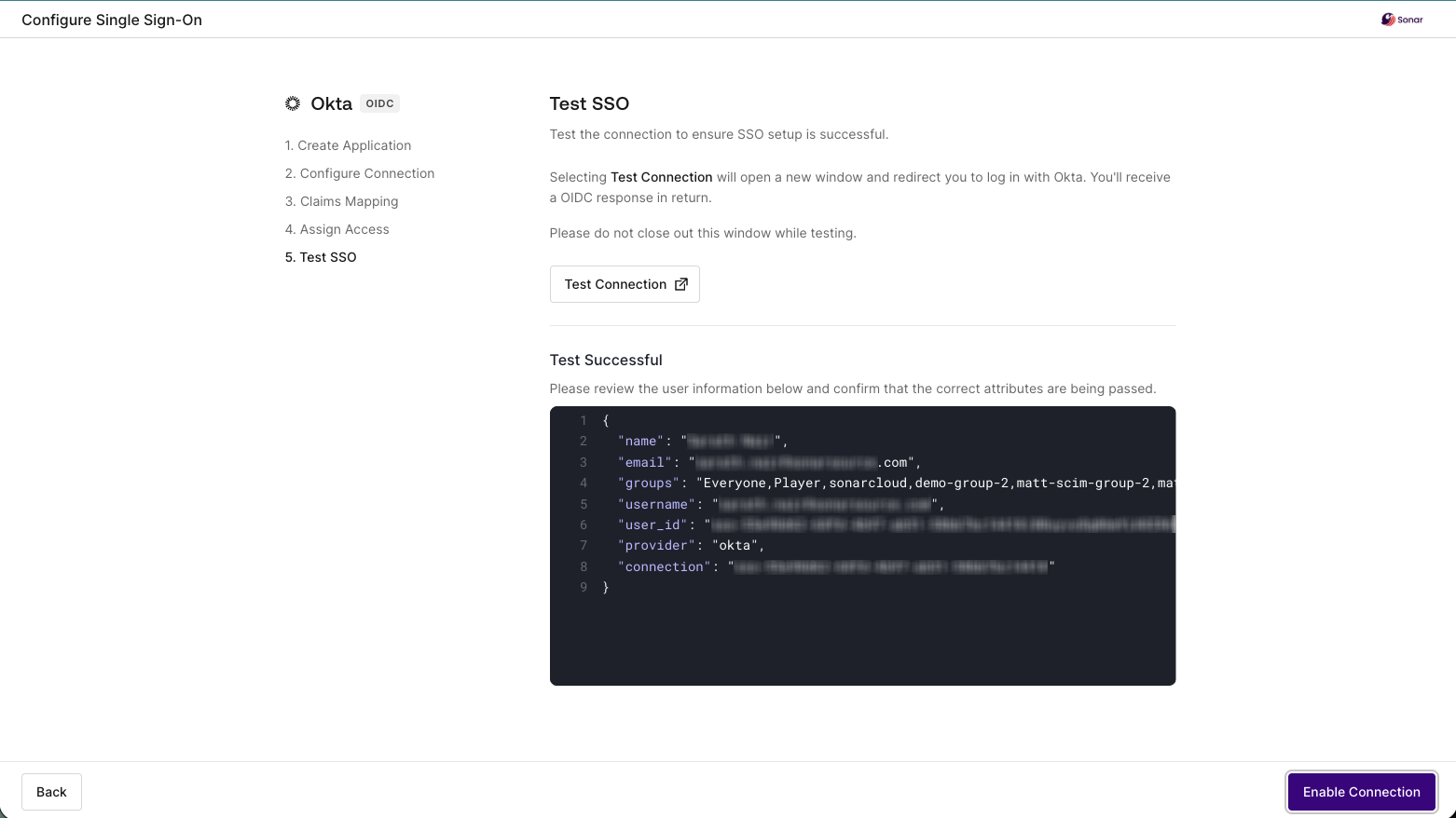 Test SSO results, with the option to select Enable Connection.