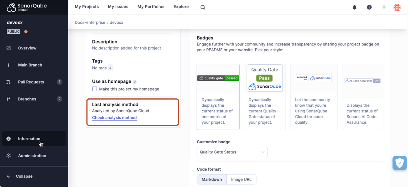 The last analysis method is clearly shown on your project's Information page.