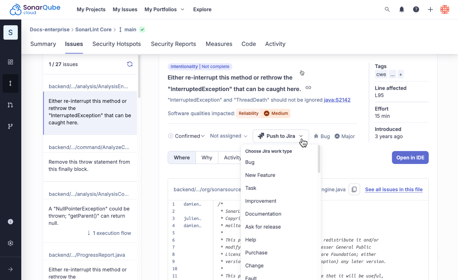 Creating a Jira work item from SonarQube Cloud is as simple as selecting Push to Jira, then choosing a work type.