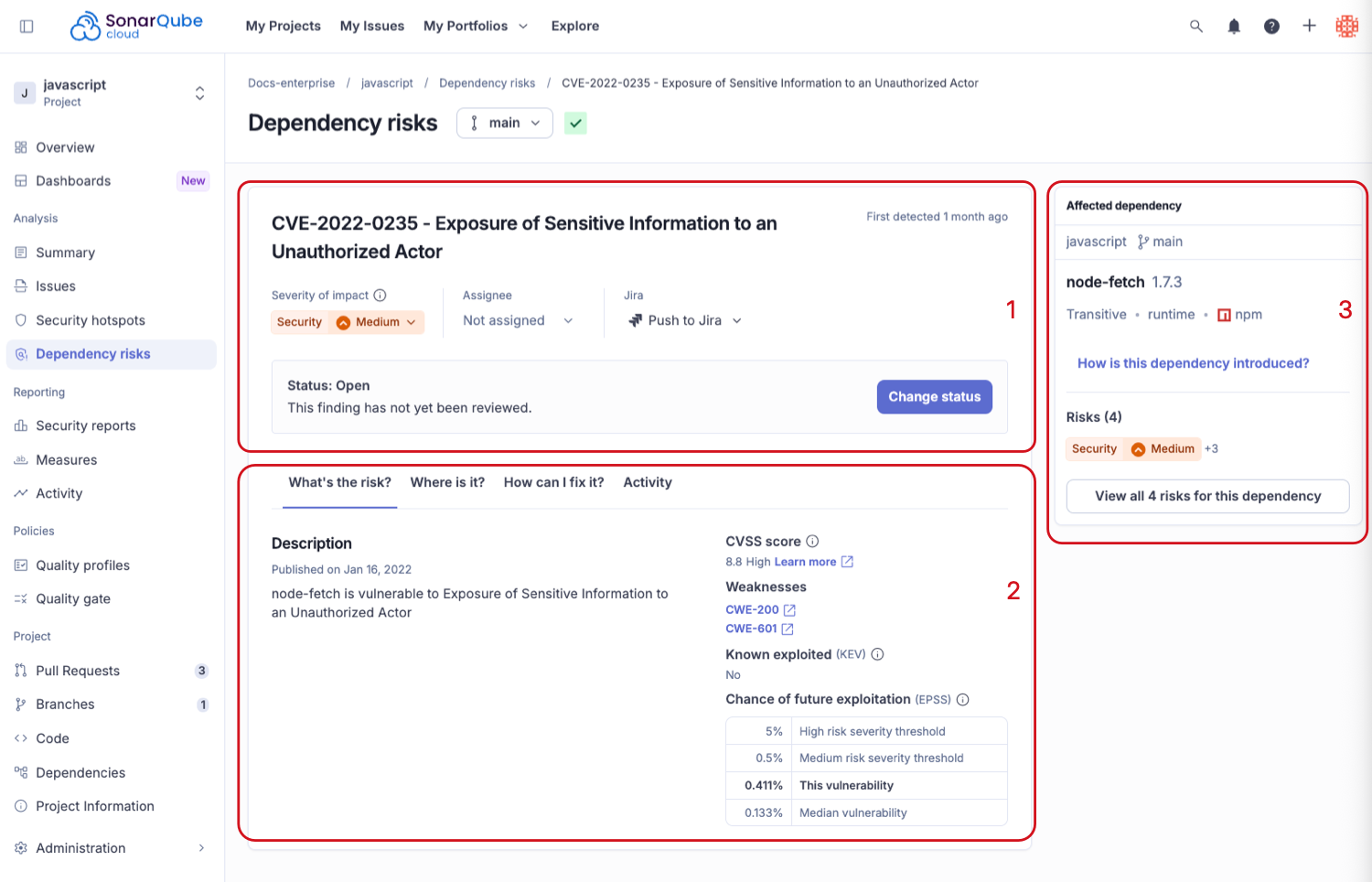The detailed view of a dependency risks in SonarQube Cloud
