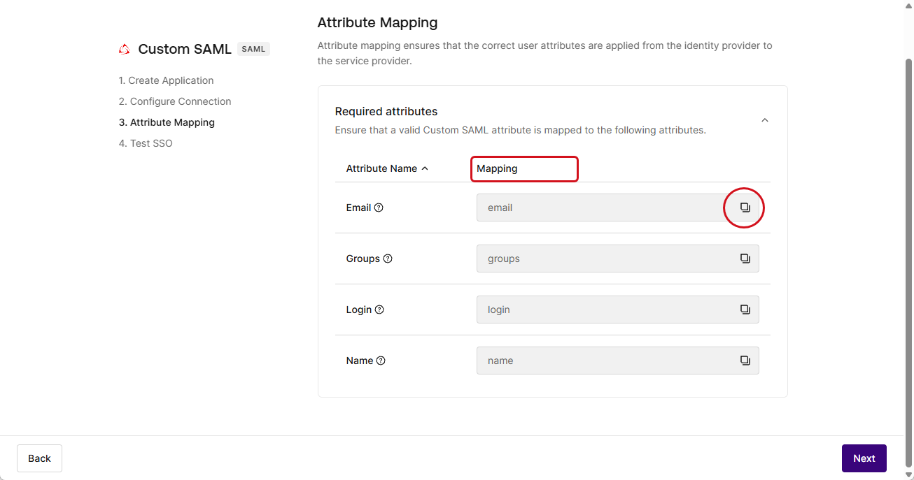Use the copy tool to copy-paste the Mapping value of each attribute to your identity provider.