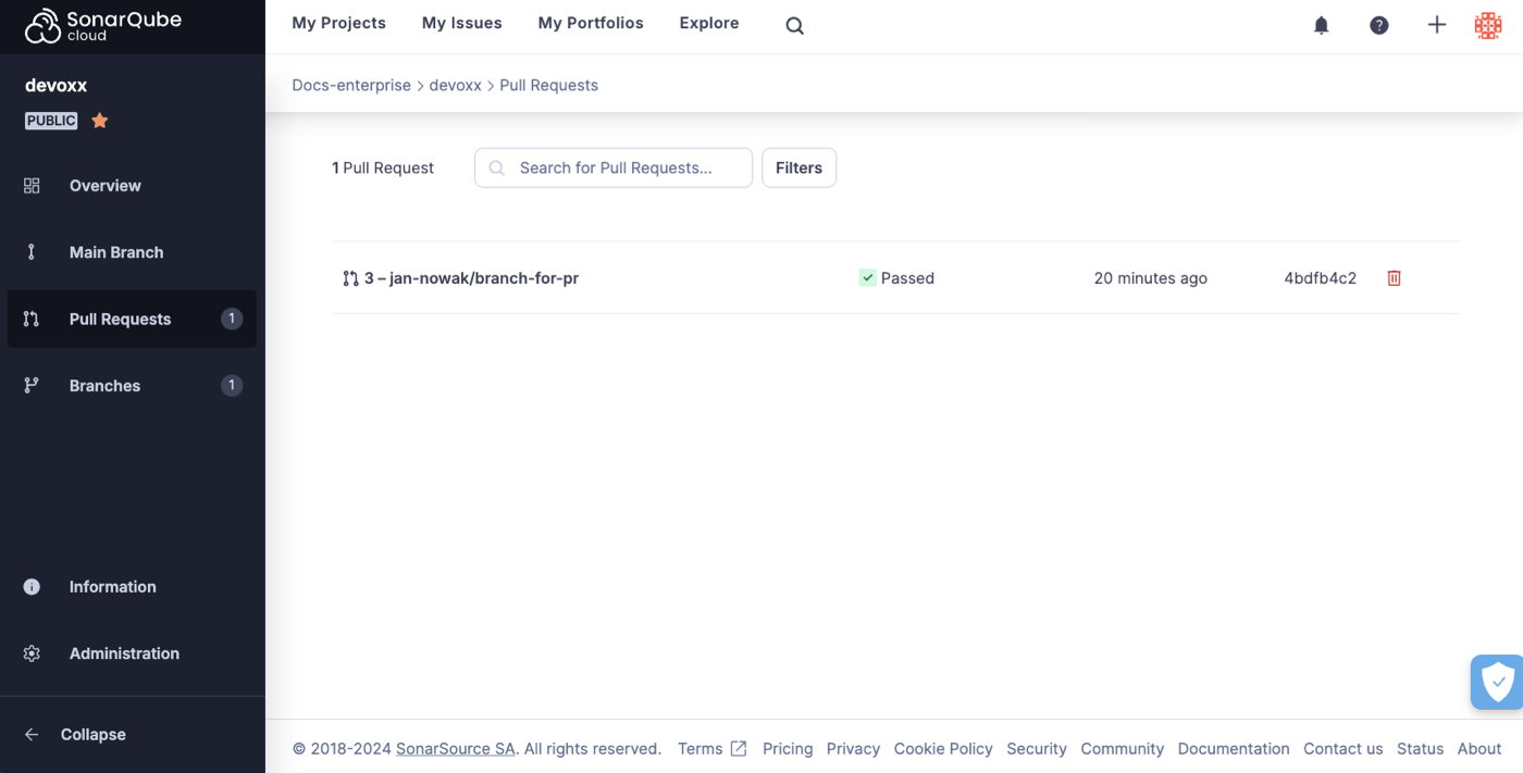 The Pull Requests page shows you a list of all PR analyses that have been made on your project.