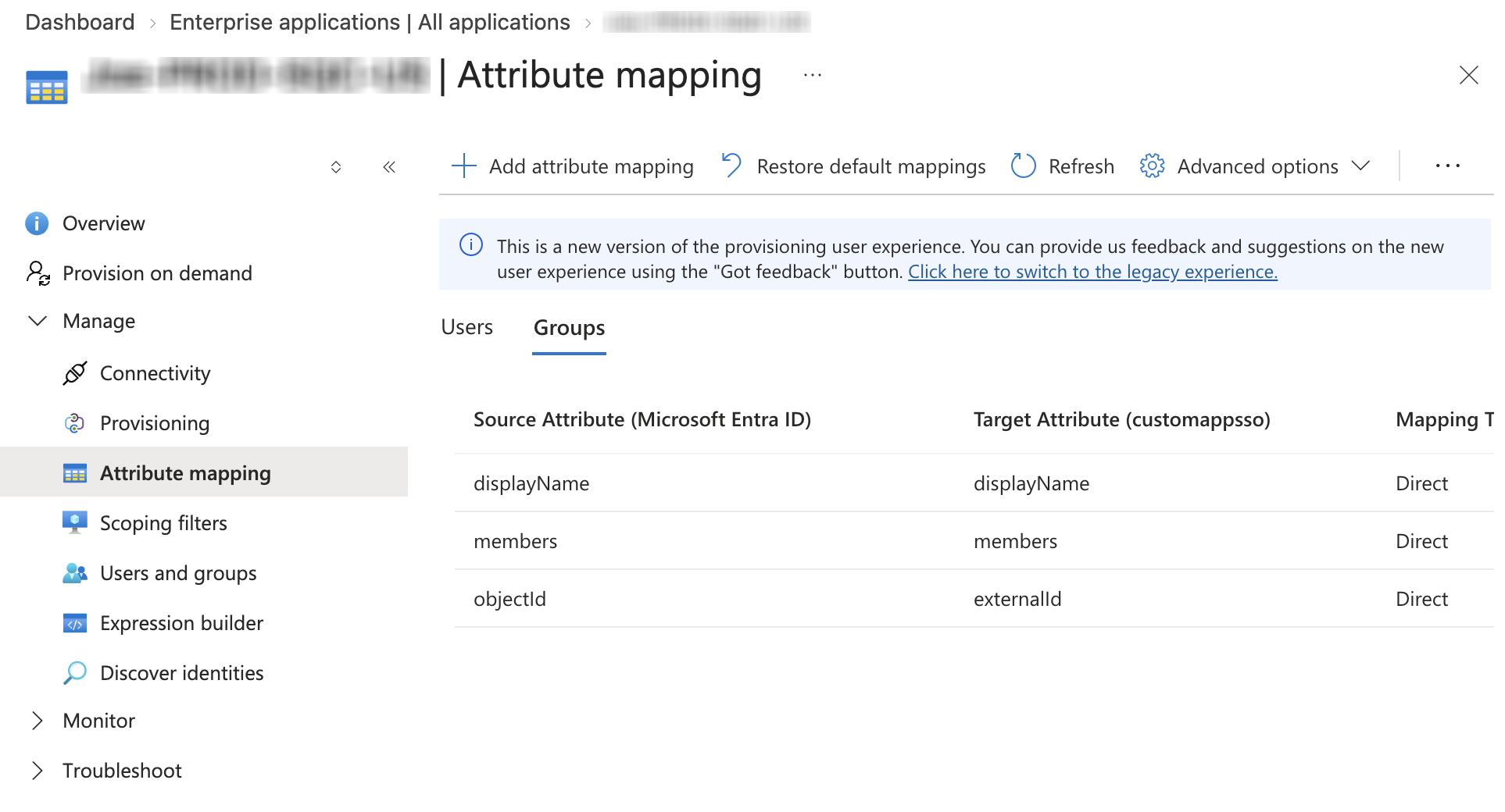 The Attribute Mapping page for Microsoft Entra ID Groups.