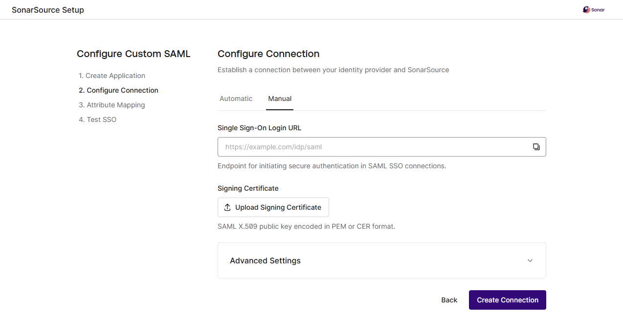 If you’re using the Manual configuration method in Step 2 when configuring your connection using SonarQube Cloud’s setup assistant, paste the value of your SO login URL into the Single Sign-On Login URL field.