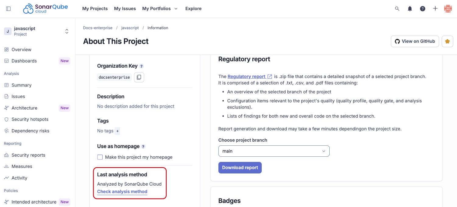 Last analysis method is displayed on the Project information page