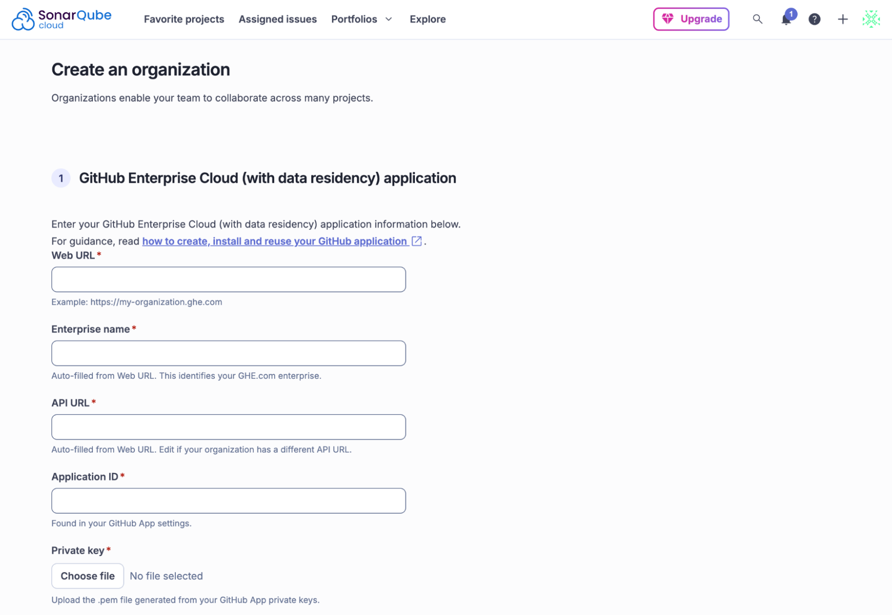A screenshot of the SonarQube Cloud interface, demonstrating the Create an organization form. It specifically shows the section for configuring a GitHub Enterprise Cloud (with data residency) application, with fields for Web URL, Enterprise name, API URL, Application ID, and Private key.
