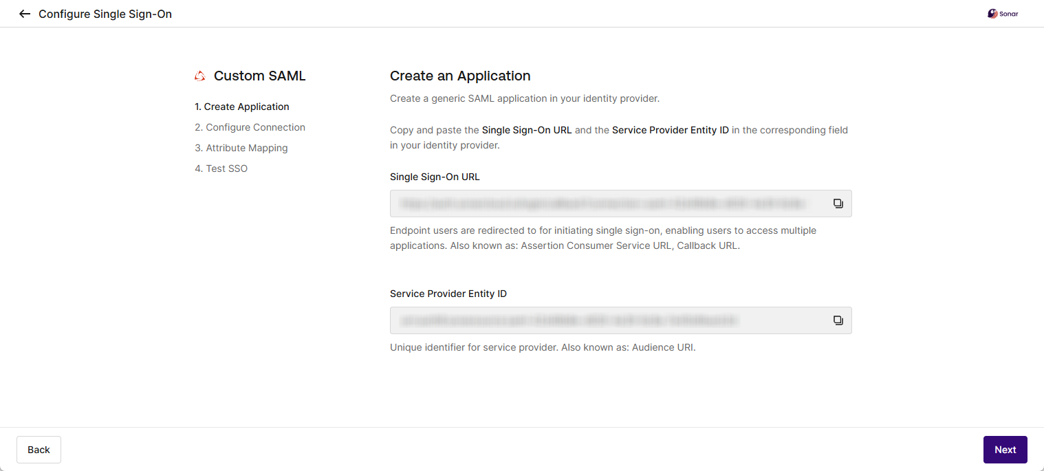 The first step of the SonarQube Cloud's SAML SSO setup assistant is Create Application.