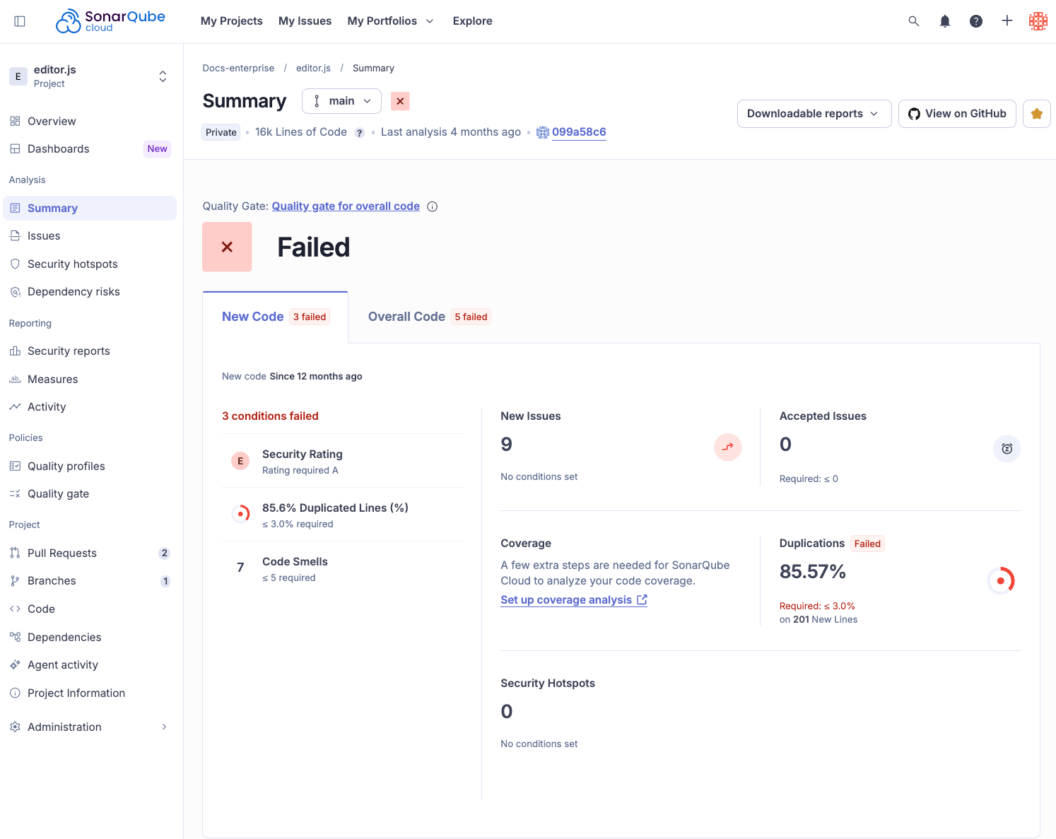 Status of new code in a quality gate on the summary page