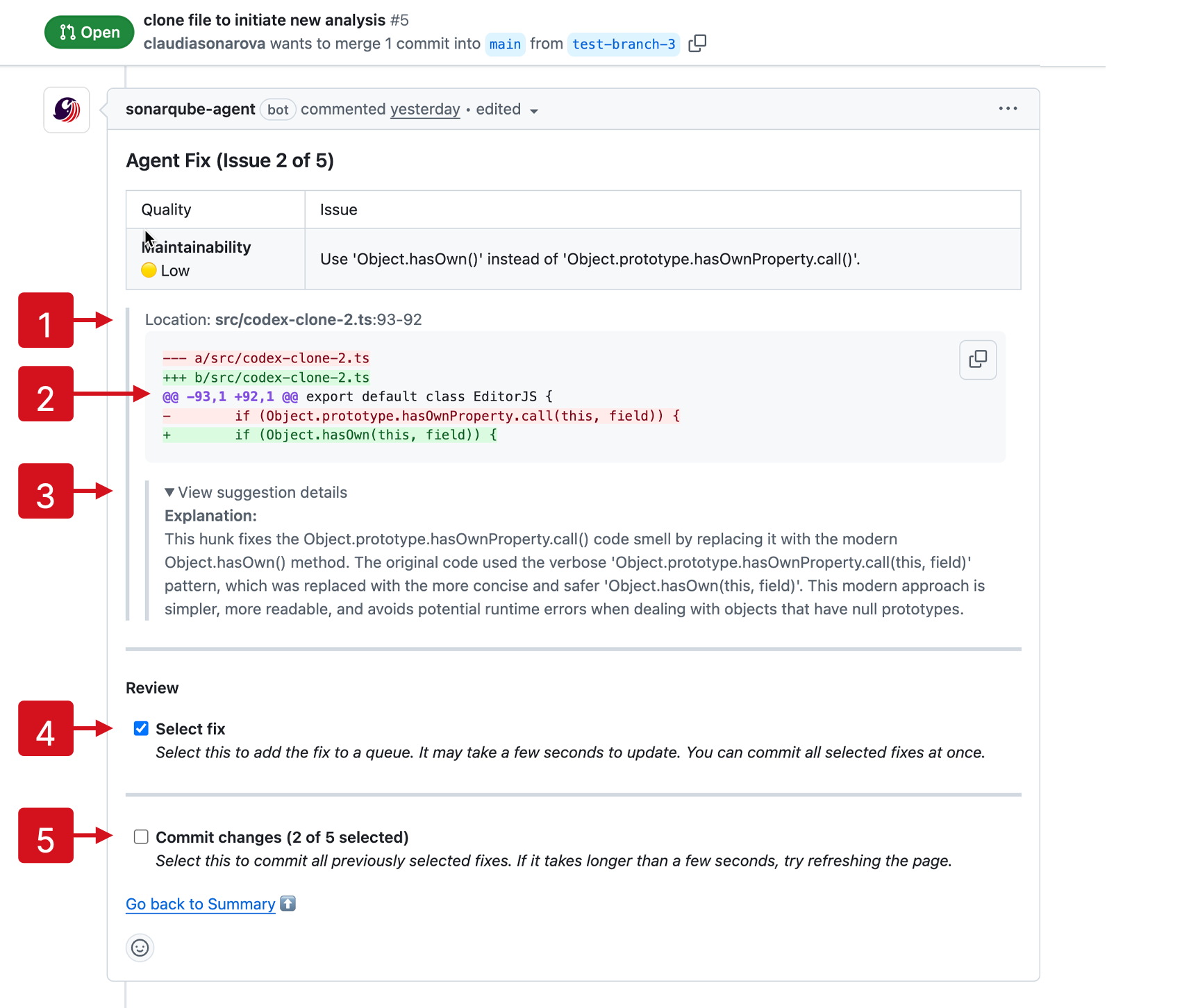 Each fix suggestion reported by the SonarQube Remediation Agent will have information that helps you understand what will be changed, if you accept the fix.