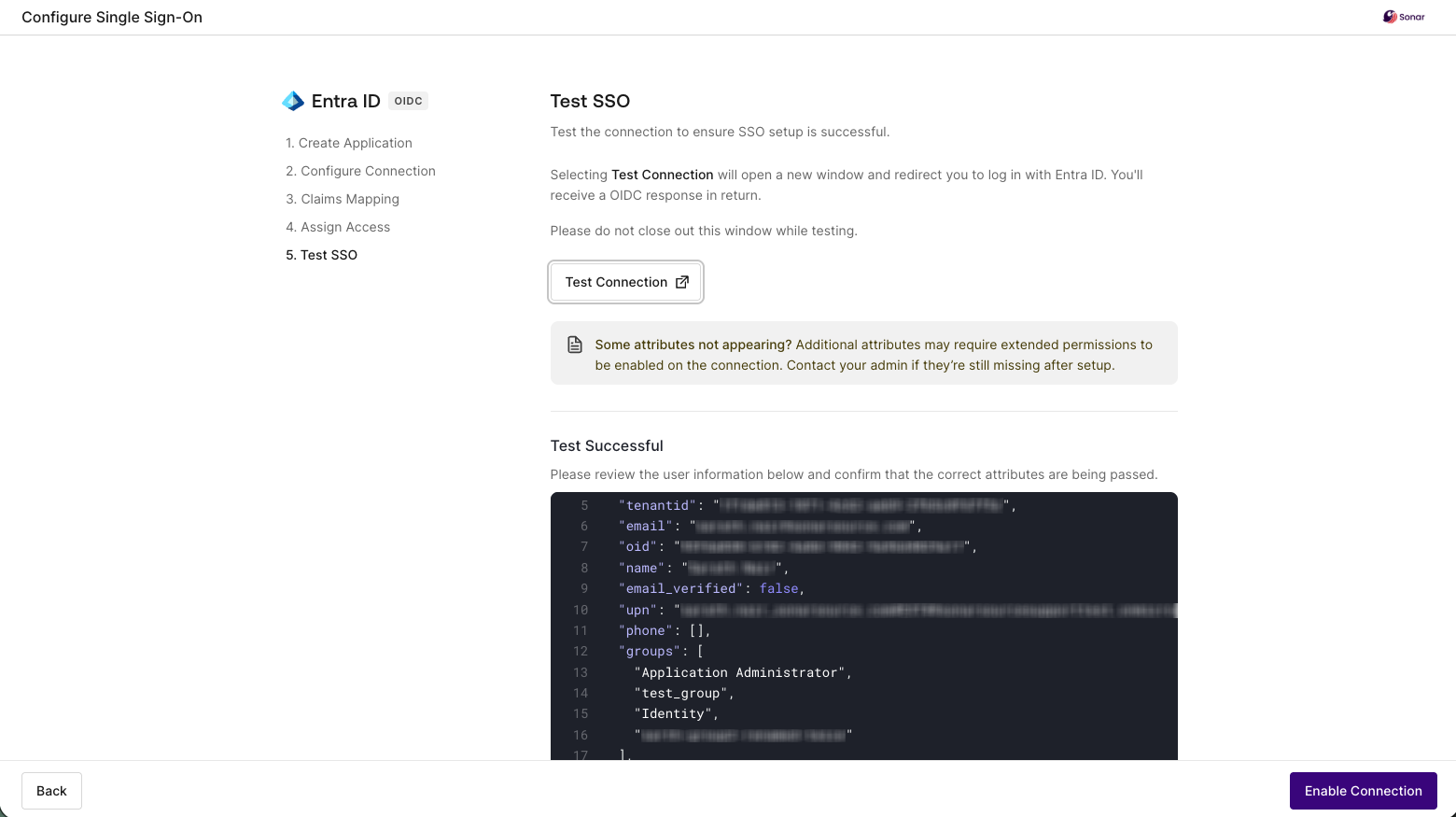 Test SSO results, with the option to select Enable Connection.