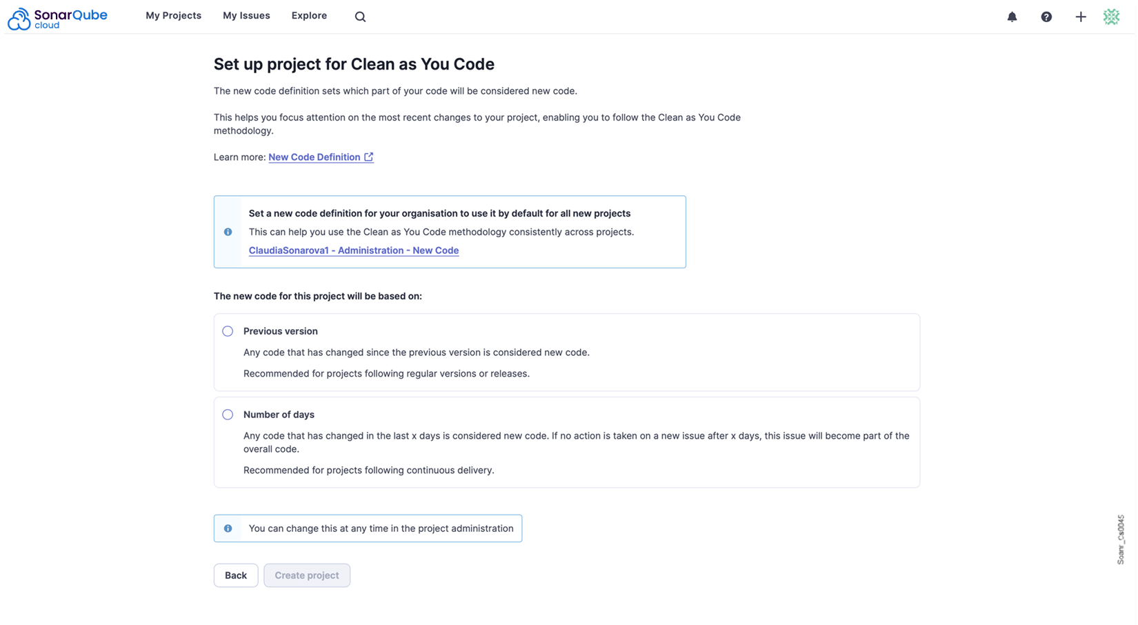 Set up your project and select your New Code Definition.