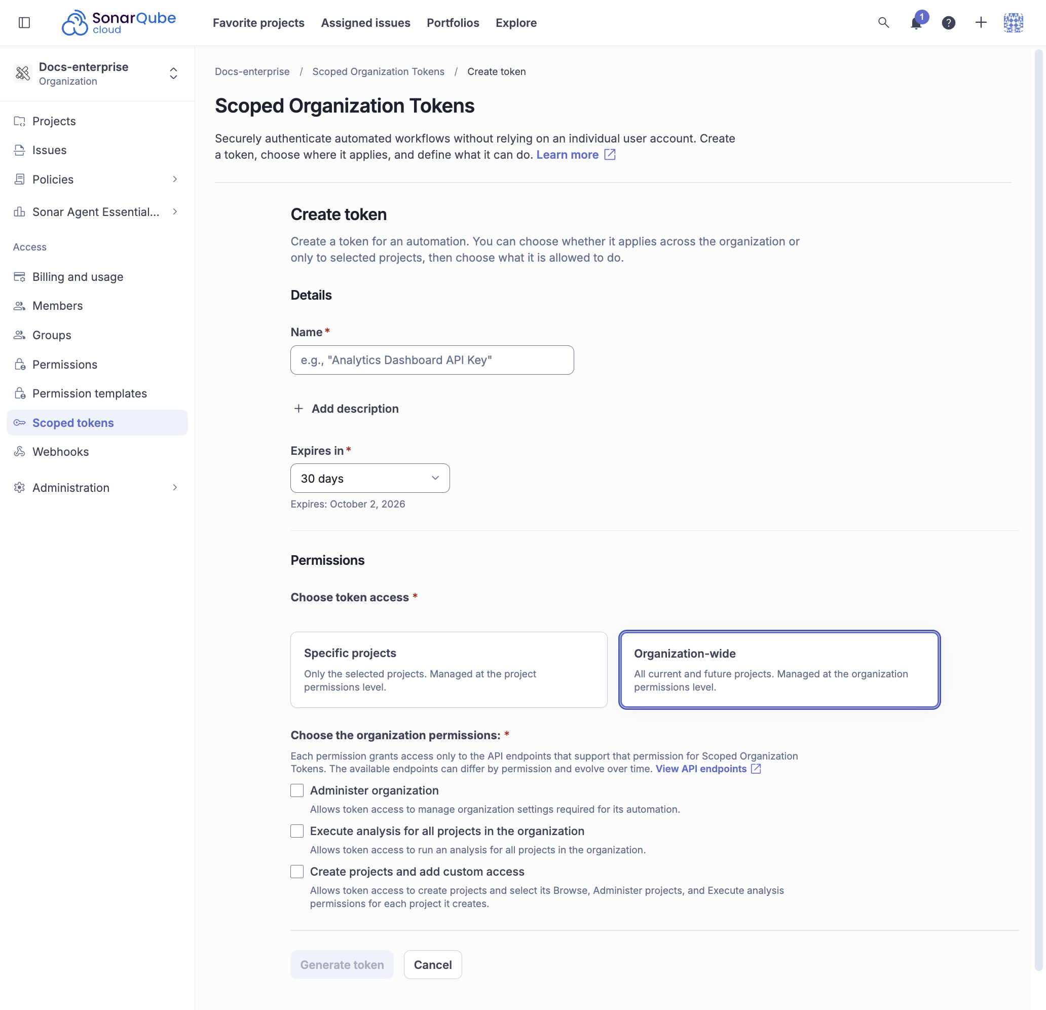 Create token dialog in SonarQube Cloud showing the Details and Permissions sections.