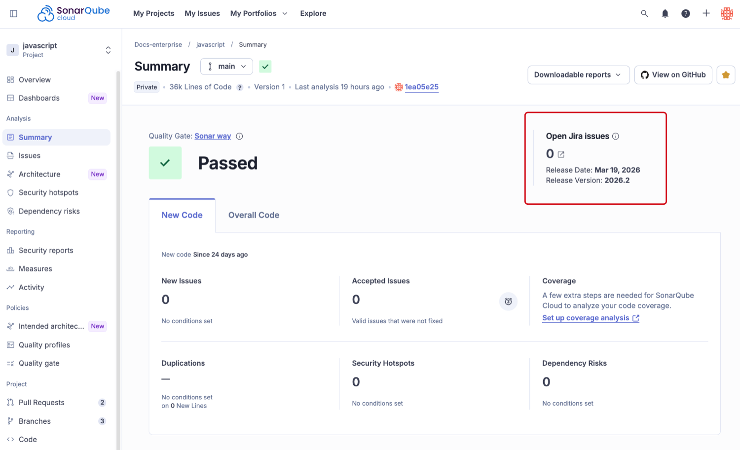 The Jira widget on the main branch Summary page shows open work items in the upcoming release.