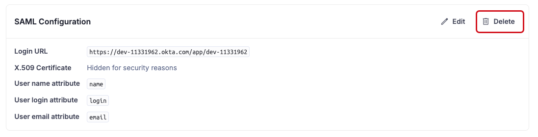 Confirm the deletion of your SSO configuration in the UI by selecting Delete, in the upper right corner.