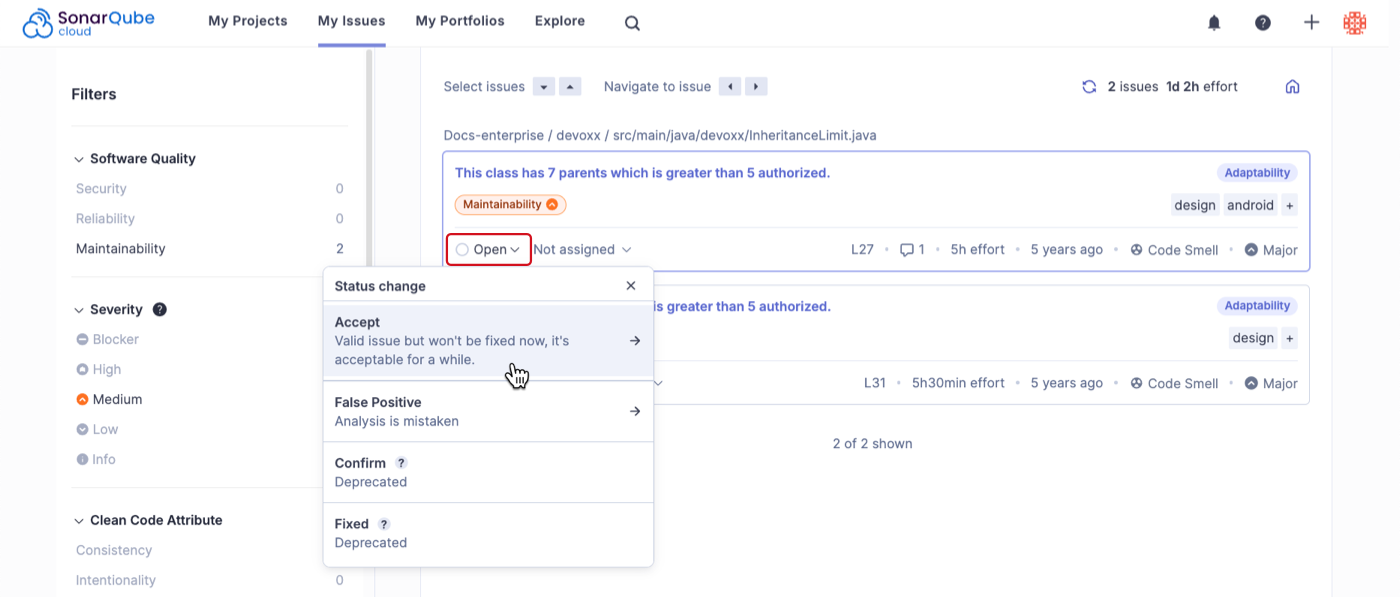 When editing an issue in SonarQube Cloud that you want to accept, select the issue from the Issues page, select Open (showing the current status of that issue), then choose Accept.