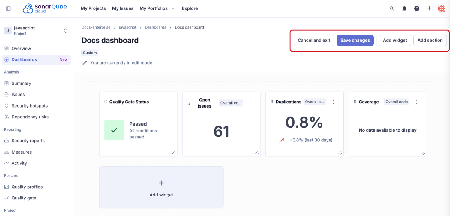 Dashboards editing options