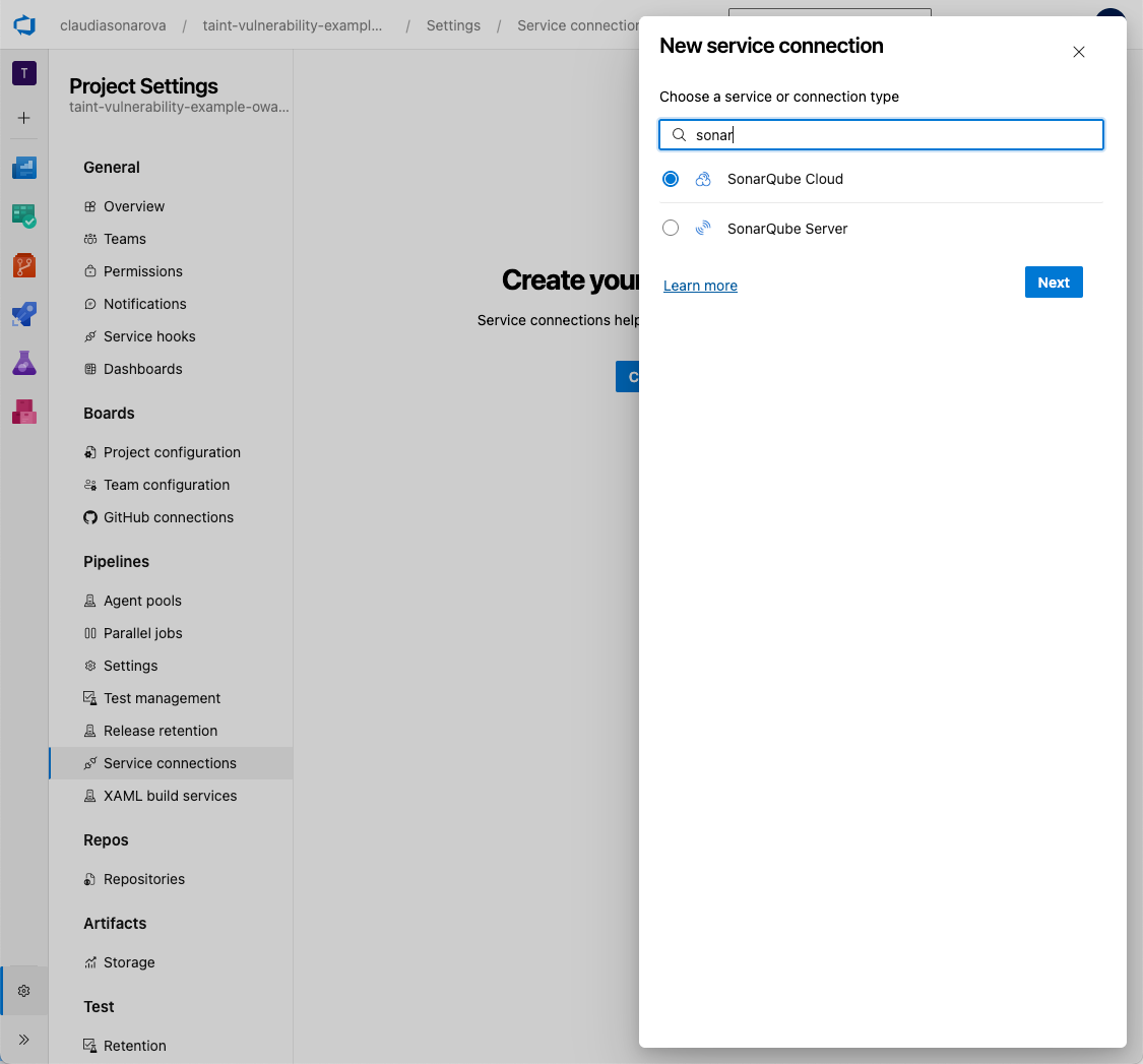 Search for "sonar" when adding a new service connection to your Azure DevOps pipeline.