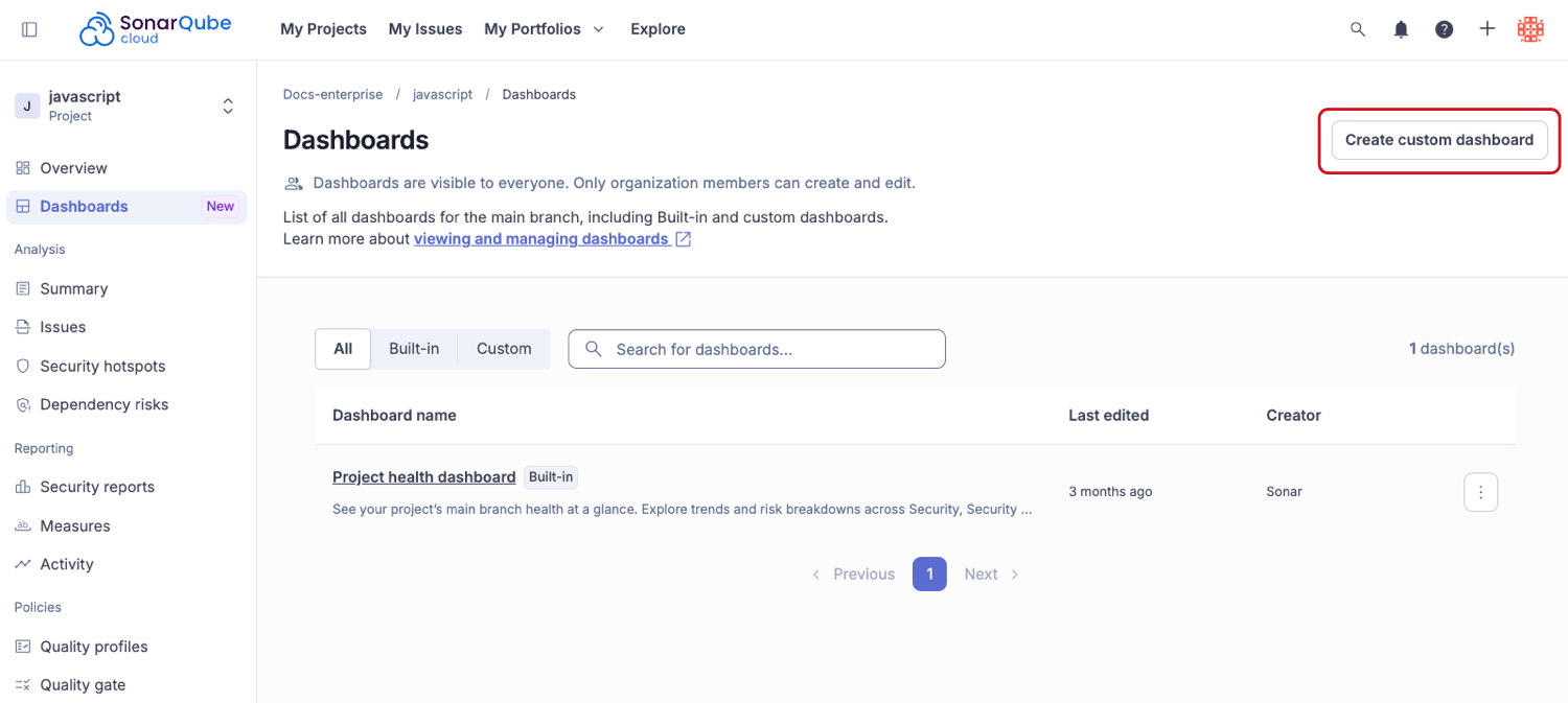Creating a new custom dashboard