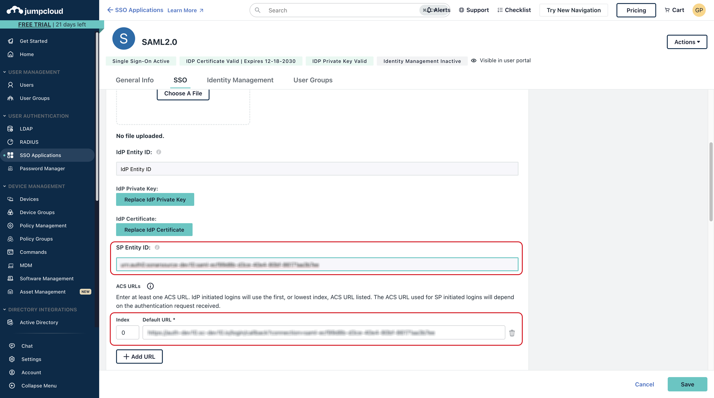 Set the SP Entity ID and Default URL fields with the SSO URL value from SonarQube Cloud.