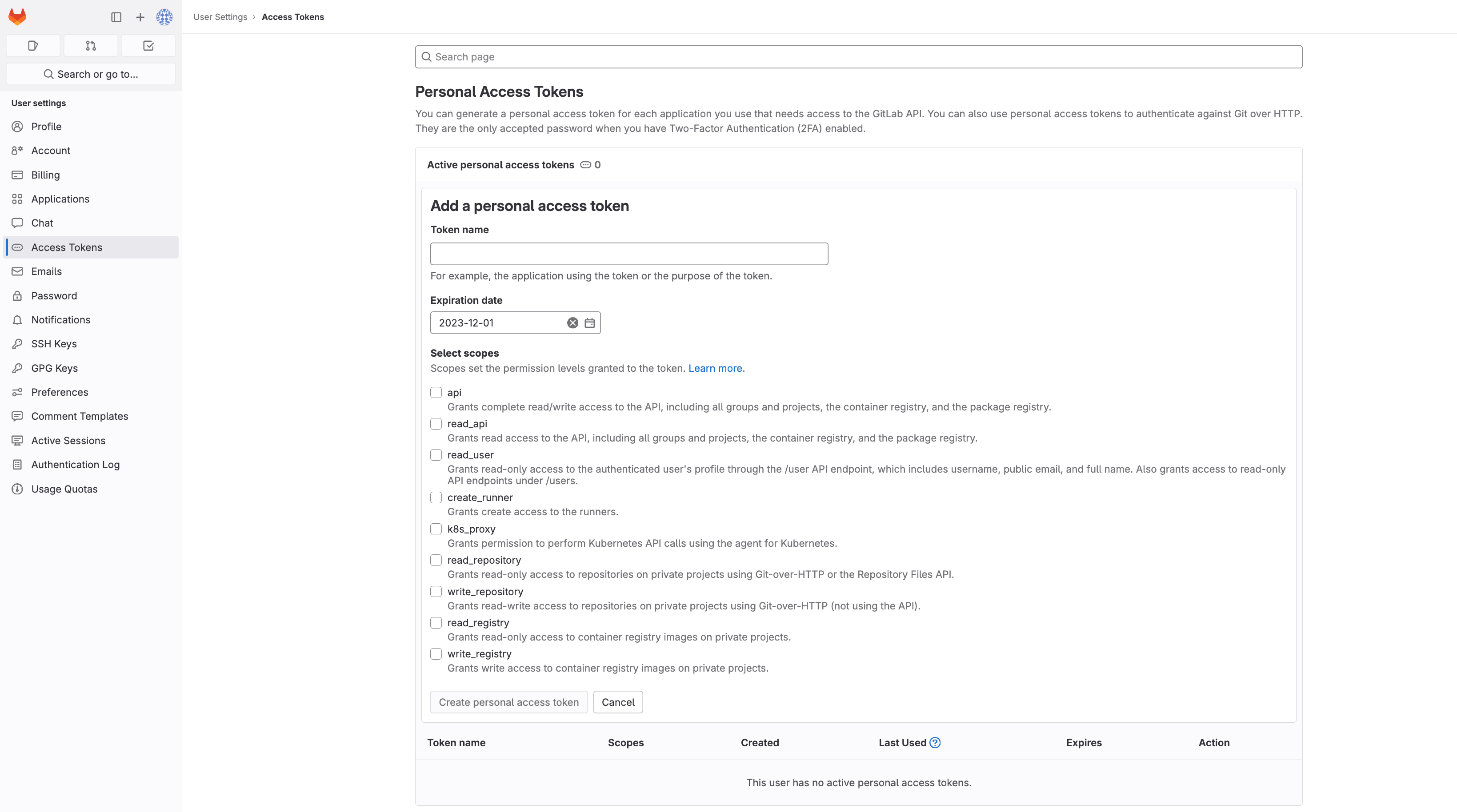 When importing your GitLab group into SonarQube Cloud, navigate to GitLab's Access Tokens page where you can create a new Personal Access Token.