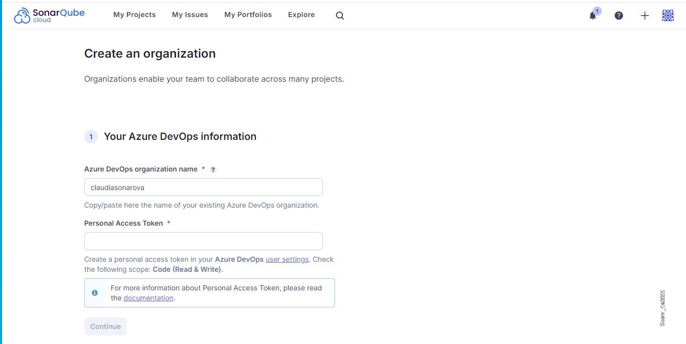 Enter your Azure organization.