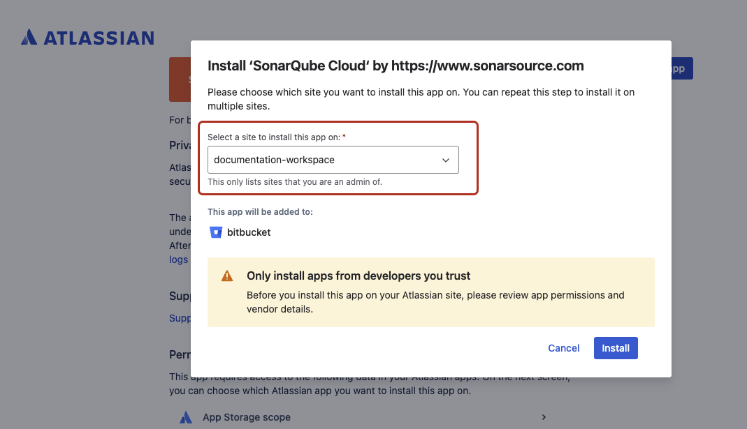 Selecting a site to install the app in Atlassian