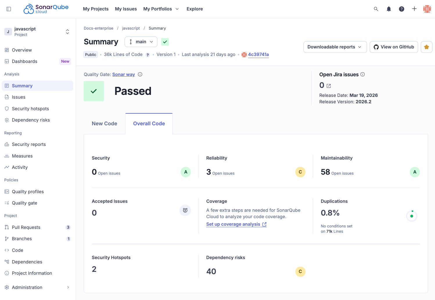 Quality gates on the summary page for new and overall code