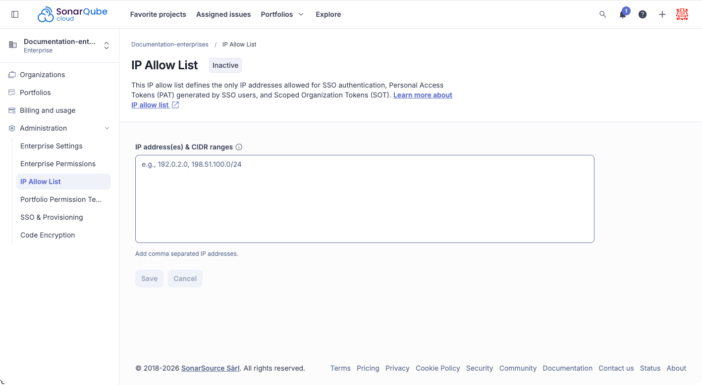 SonarQube Cloud IP Allow List page with an empty IP address and CIDR ranges field showing placeholder example addresses, and grayed-out Save and Cancel buttons.