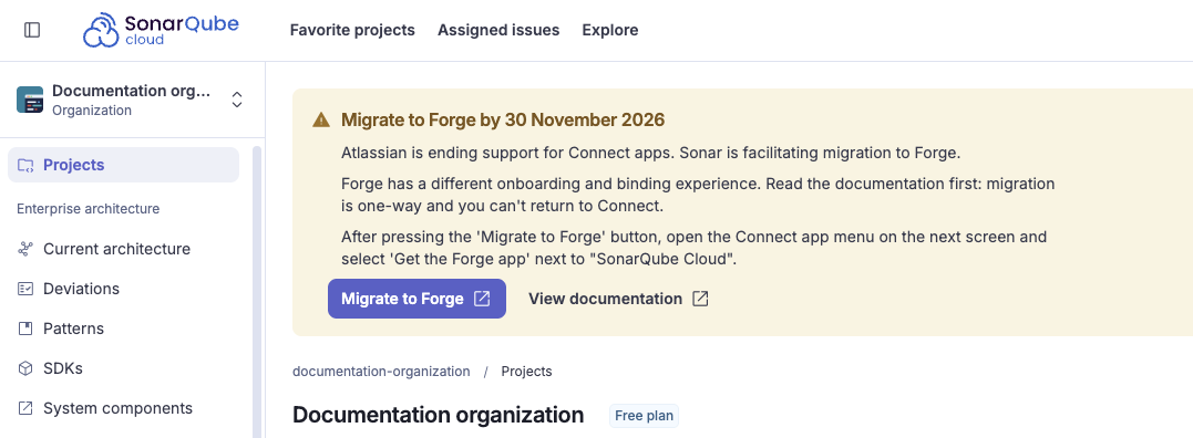 Organization navigation message prompting migration to the Forge app