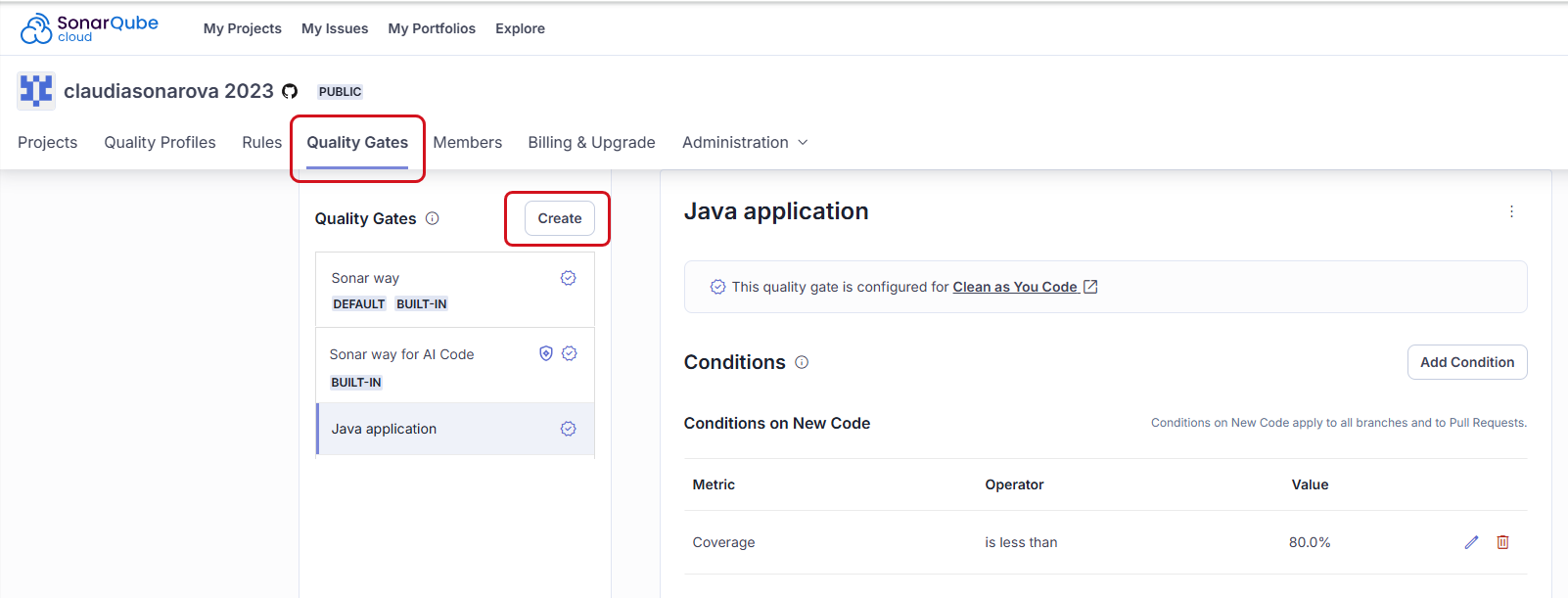 You can create a custom quality gate from scratch in SonarQube Cloud by selecting the Create button.