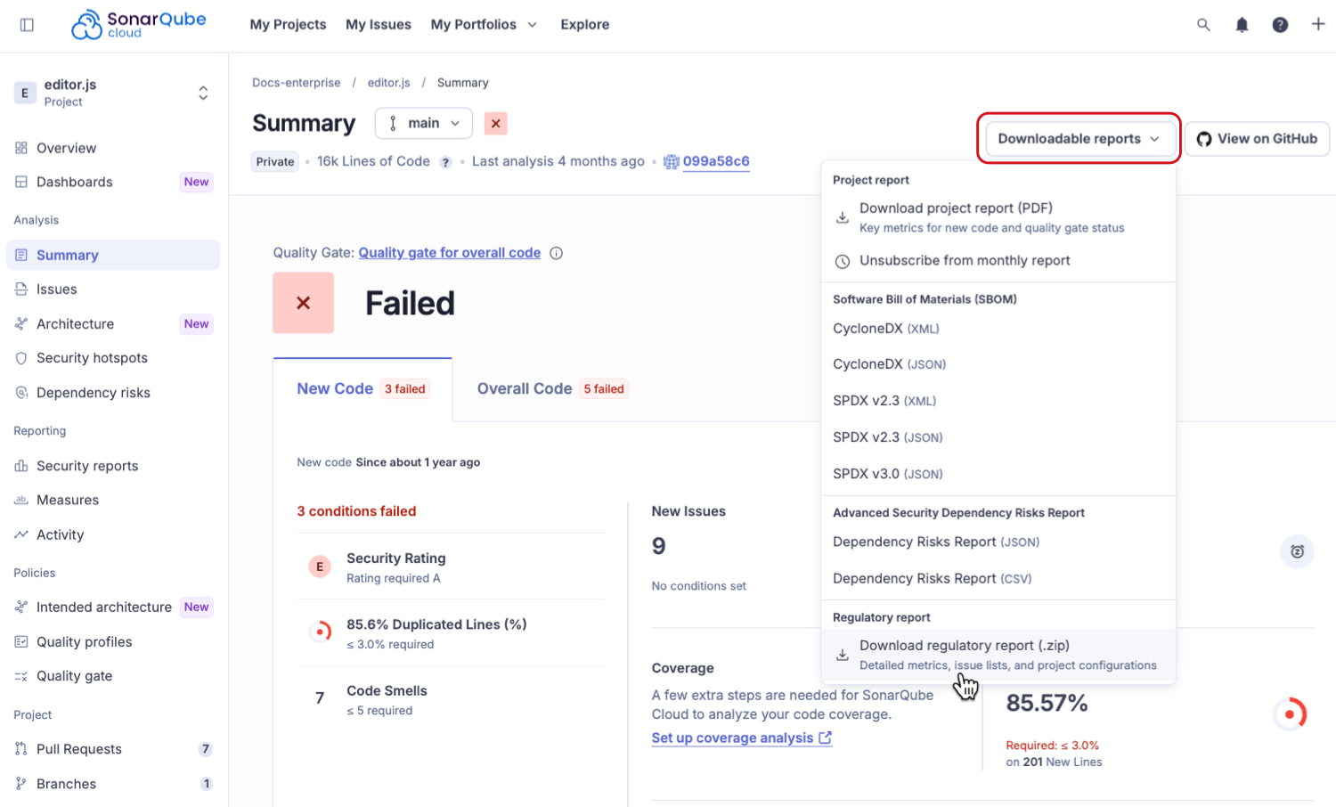 Accessing the reports on the project level
