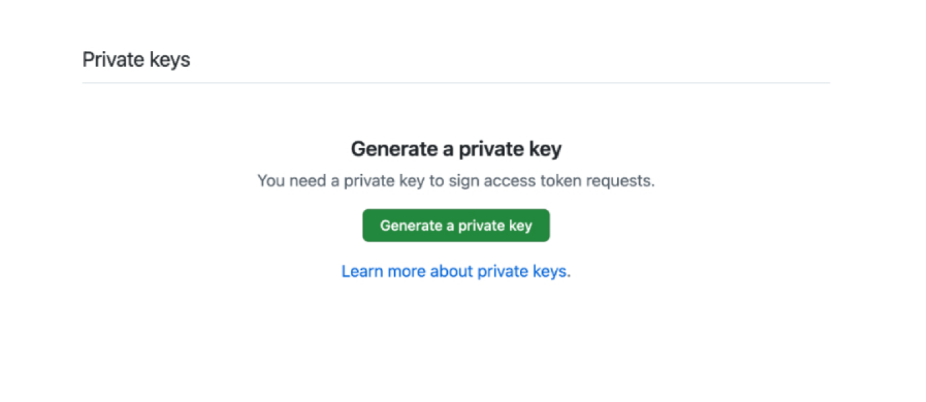 A user interface screen titled Private keys that prompts the user to Generate a private key to sign access token requests.