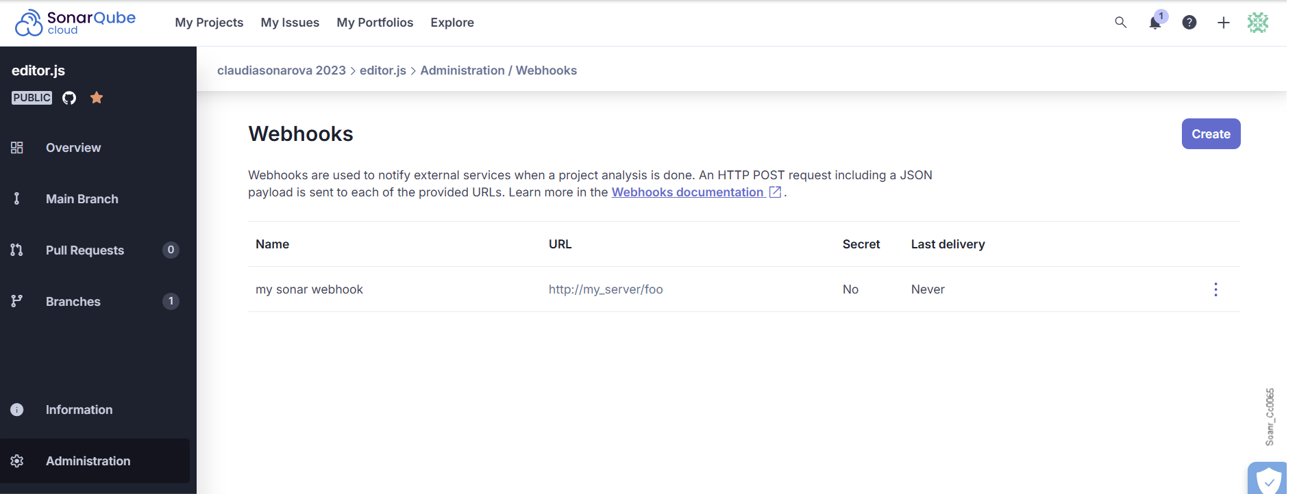 The Webhooks page offers a Create button to build a new webhook to notify external services about the status of your project.