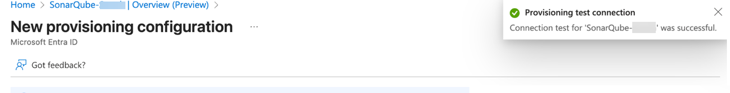 A success pop-up is dispayed in the top right corner if the connection test was successful.