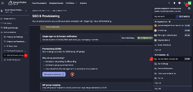 SonarQube Cloud SSO and provisioning settings page, showing how to secure access via SAML or OIDC and manage accounts using SCIM, with options to set up provisioning and map IdP groups.