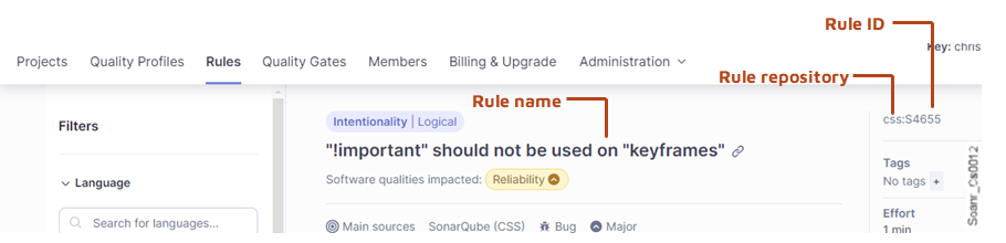 The rule name, rule ID, and the repository to which the rule belongs are all available when selecting an issue in the SonarQube Cloud UI.