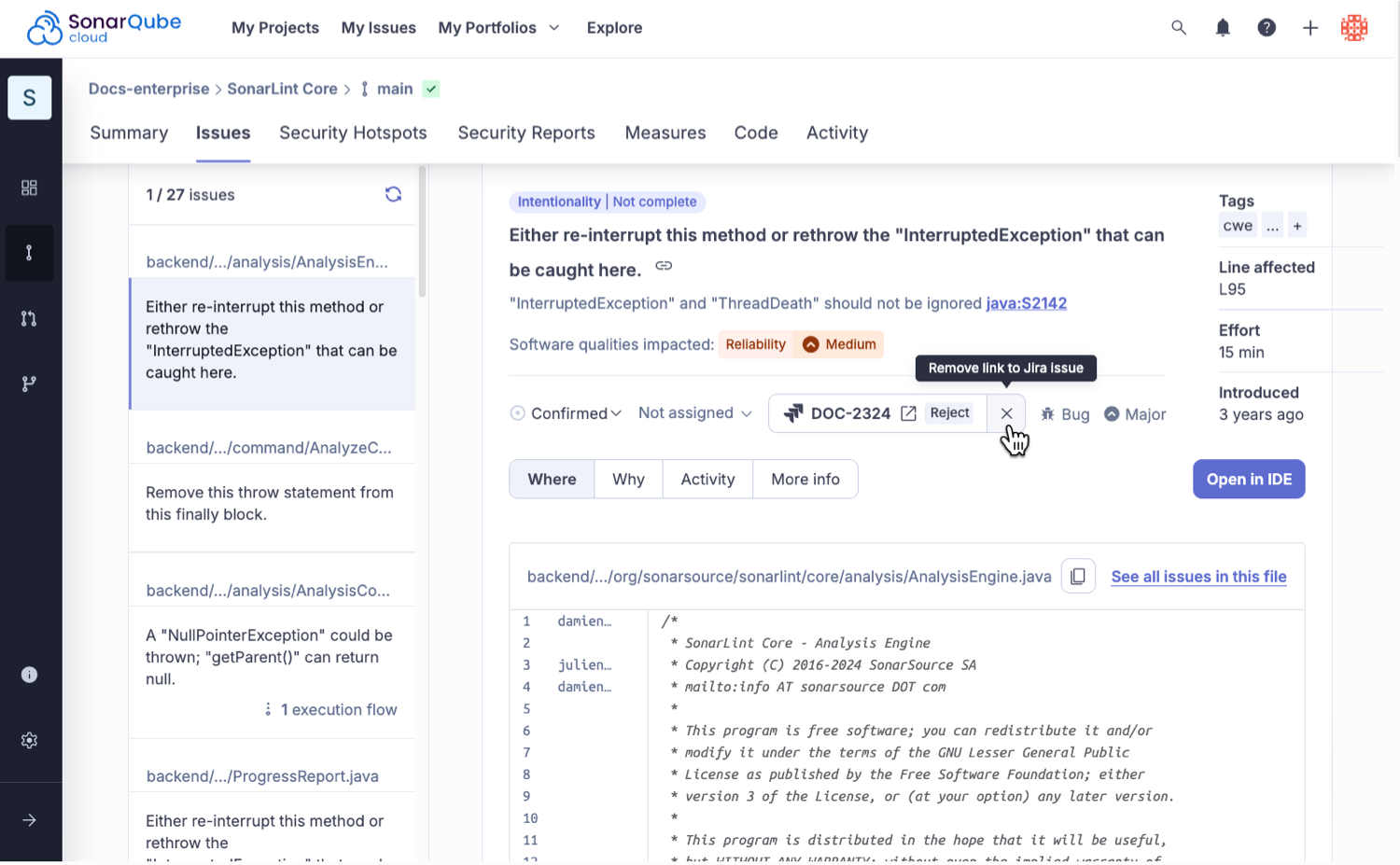 When removing a connection to a Jira work item, select the X on right side of the Jira botton.