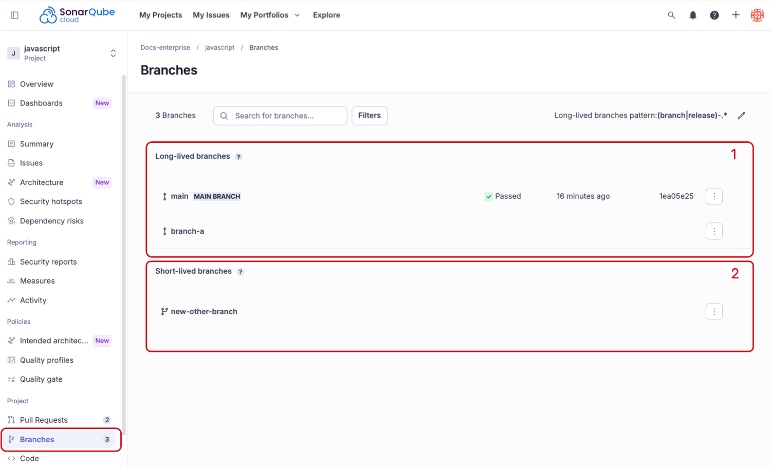 Your project's branches page