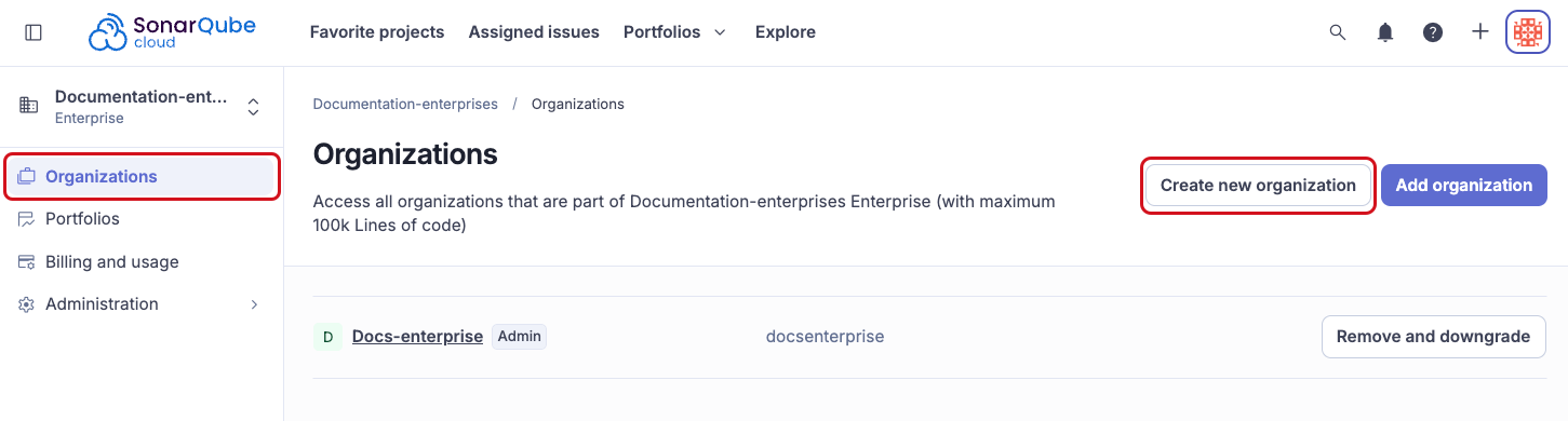A screenshot of the SonarQube Cloud enterprise Organizations page, with the Create new organization button highlighted in the header.