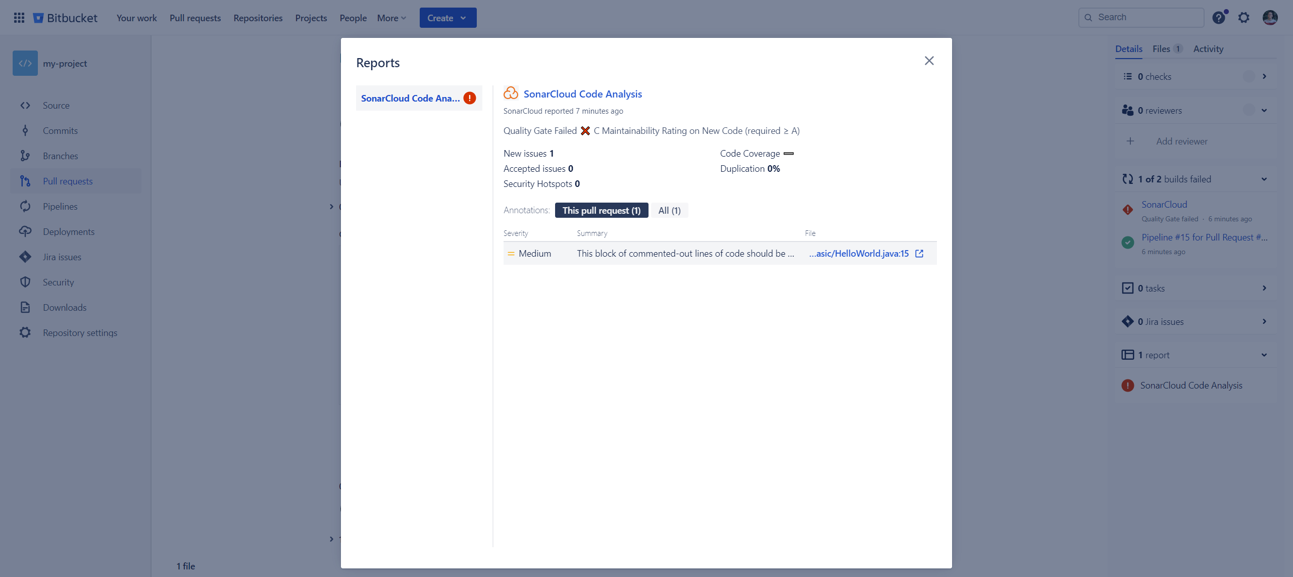 Screenshot of the full report of all the issues found in the pull request by SonarQube Cloud.
