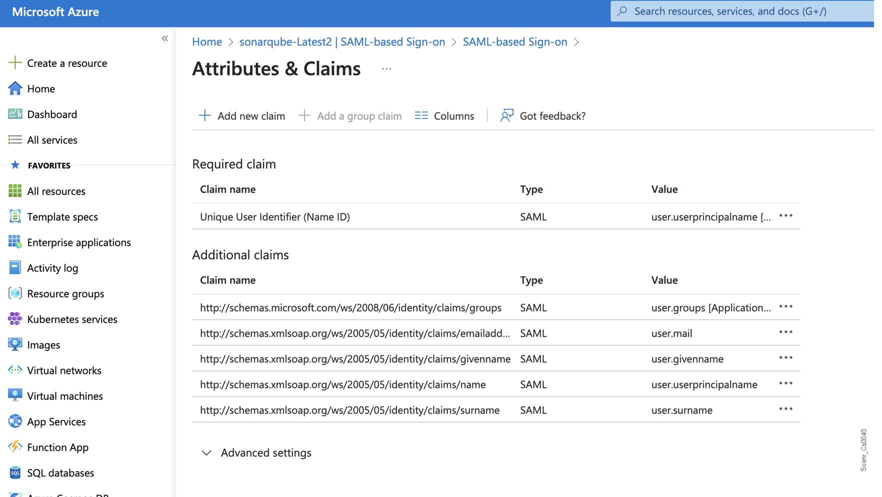 When you add your new attributes, they will appear on the Microsoft Azure Attributes & Claims page.