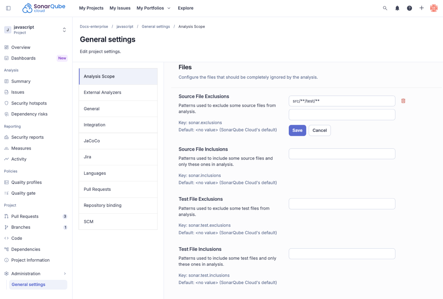 Defining a file exclusion parameter in the UI