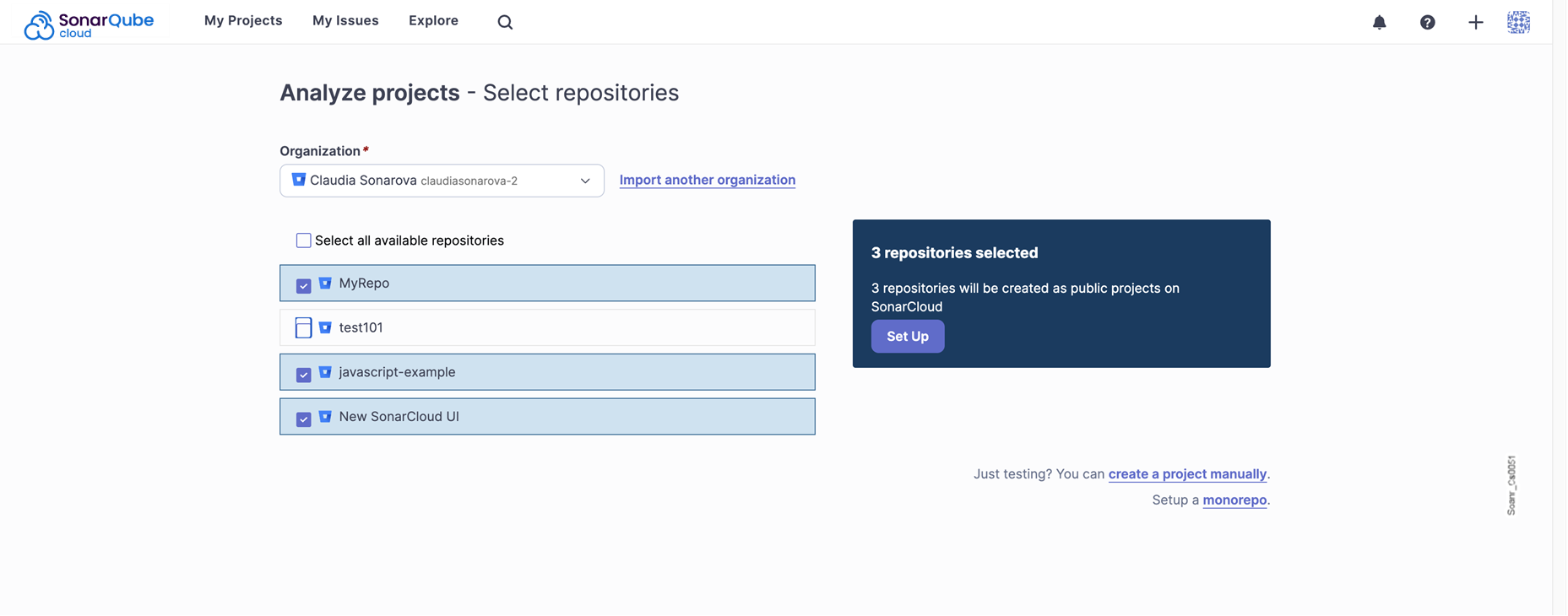 Choose the Bitbucket repositories you want to import into SonarQube Cloud.