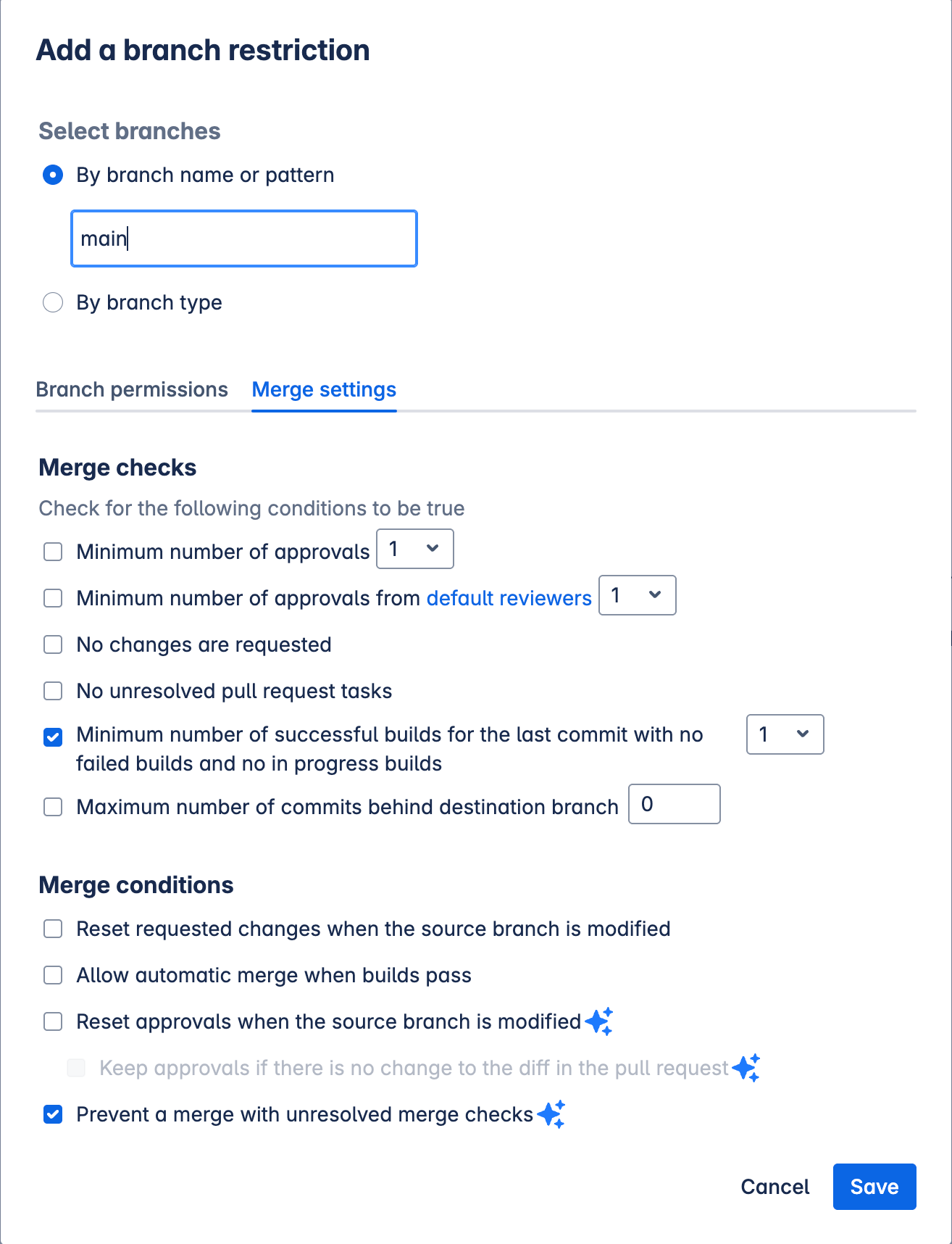 Edit your branch restrictions in BitBucket Cloud when setting up your configuration for a SonarQube analysis on your pipeline.