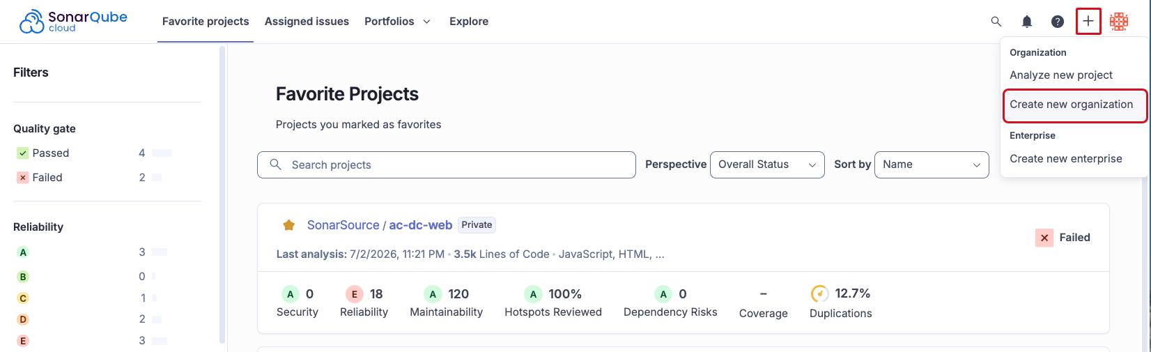 Creating a new organization in SonarQube Cloud