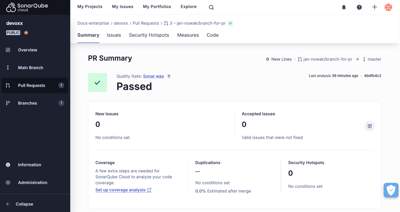 Selecting your Pull Request analysis by name will open a summary page where you can look at the potential issues that PR is about to introduce.