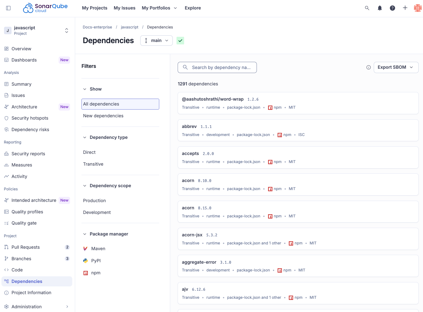 Dependencies page under projects
