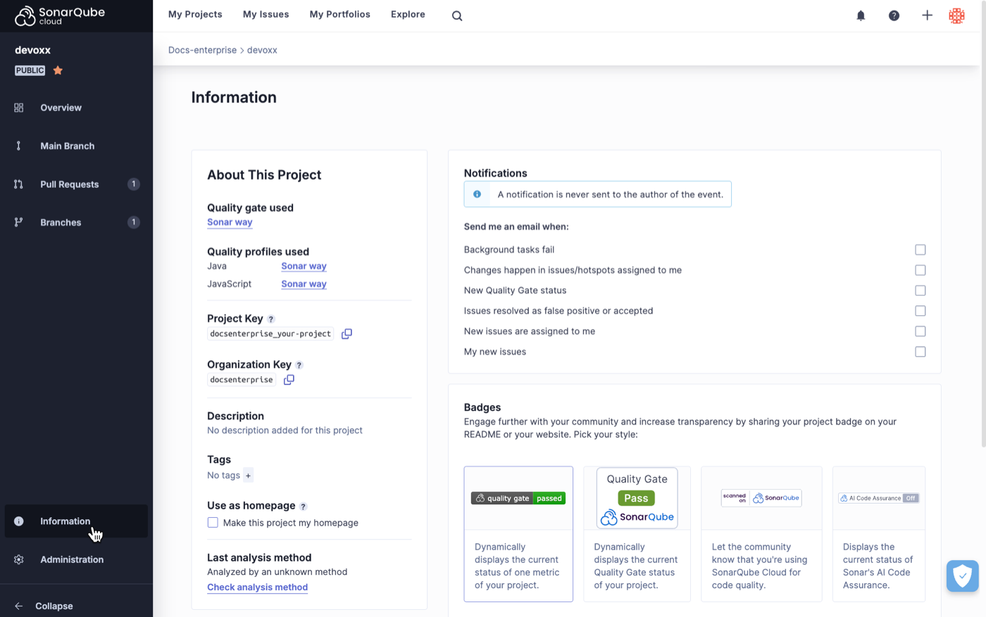 The Information page is accessible from the left side bar and shows you key details about your project such as the Project and Organization Keys.